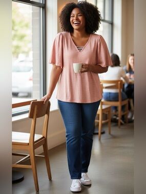 A Love Story Women's Large Peach Rhinestone‎ Top V Neck Short Sleeve Dainty